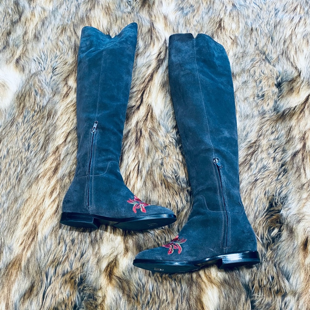 ASH OVER THE KNEE GREY SUEDE EMBROIDERED PINK/RED FLOWERS BOOTS FLAT - Picture 6 of 11